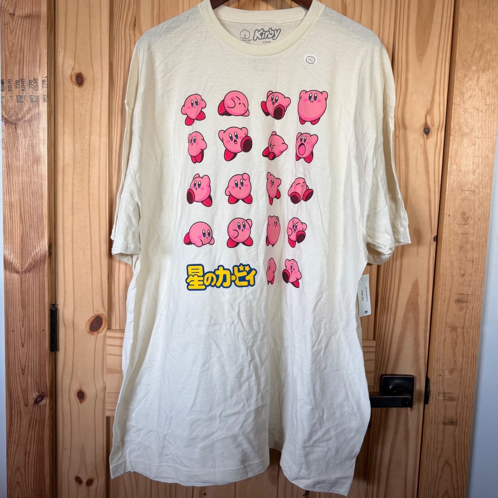 Nintendo Kirby Graphic T-Shirt Mens 3XL Cream Japanese Text Short Sleeve Cotton